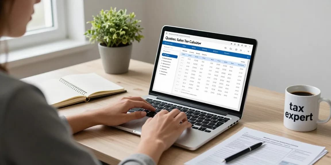 Person using a quebec sales tax calculator 2026 in a modern office setting with tax documents and a laptop.