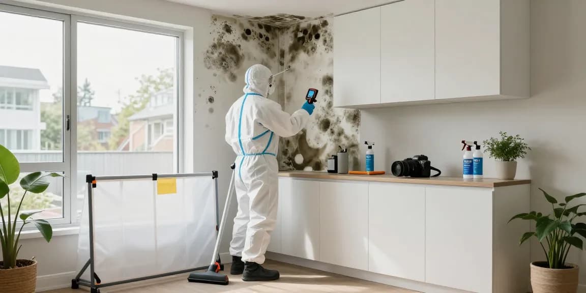 Mold Remediation Vancouver: Certified technician inspecting mold behind cabinetry with HEPA filtration tools.