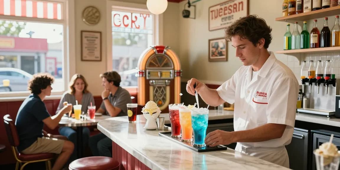 Soda pop floats being prepared at a vintage soda shop counter full of colorful drinks.