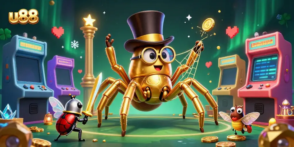 Experience thrilling moments at u88 with a dynamic illustration featuring a golden tarantula and beetle knight amidst casino elements.