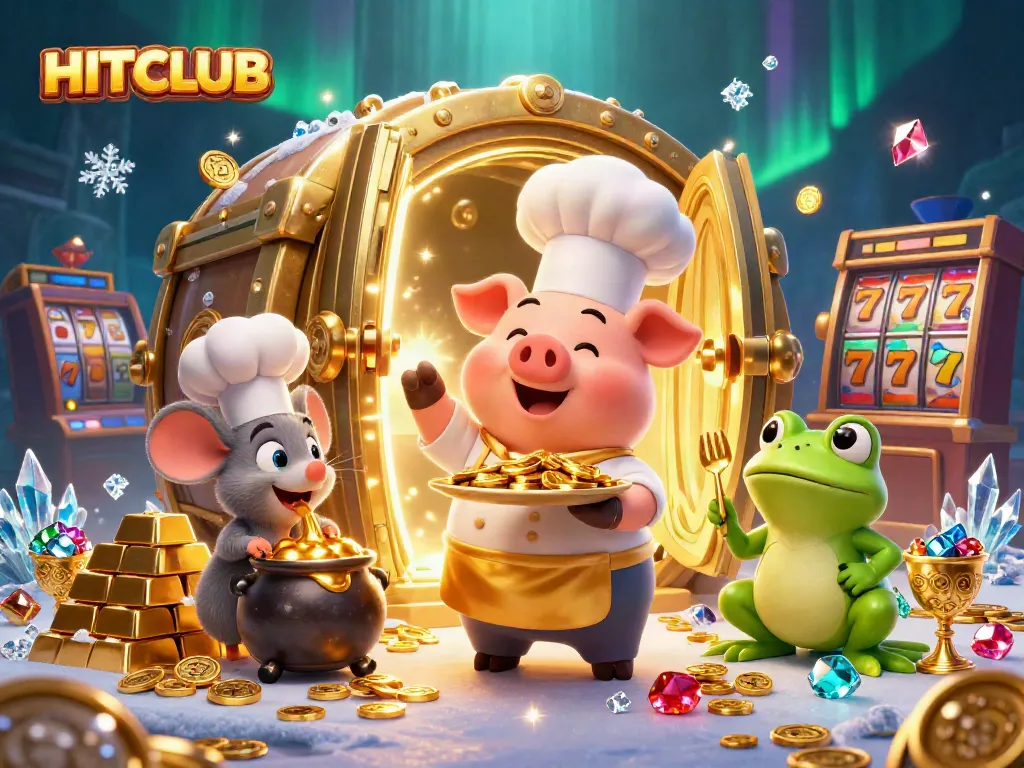 Experience HITCLUB excitement with chef pig serving gold coins amidst dynamic casino elements.