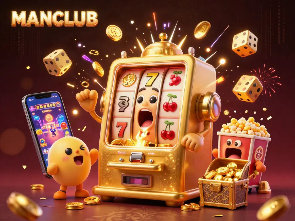 Engage with MANCLUB's thrilling jackpot scene as magical coins burst from a cheerful, sentient slot machine.