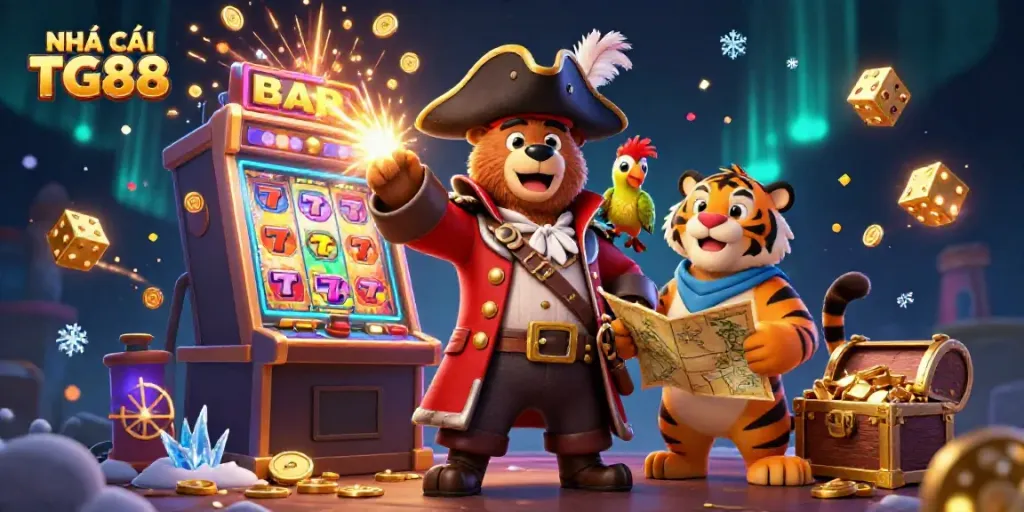 Experience the thrill of NHÀ CÁI TG88 with this vibrant 3D illustration of a playful casino scene featuring a pirate captain bear and treasure.