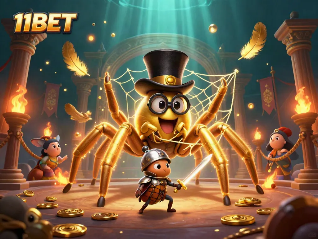 Engage with 11BET's immersive casino world featuring a whimsical tarantula and beetle knight.