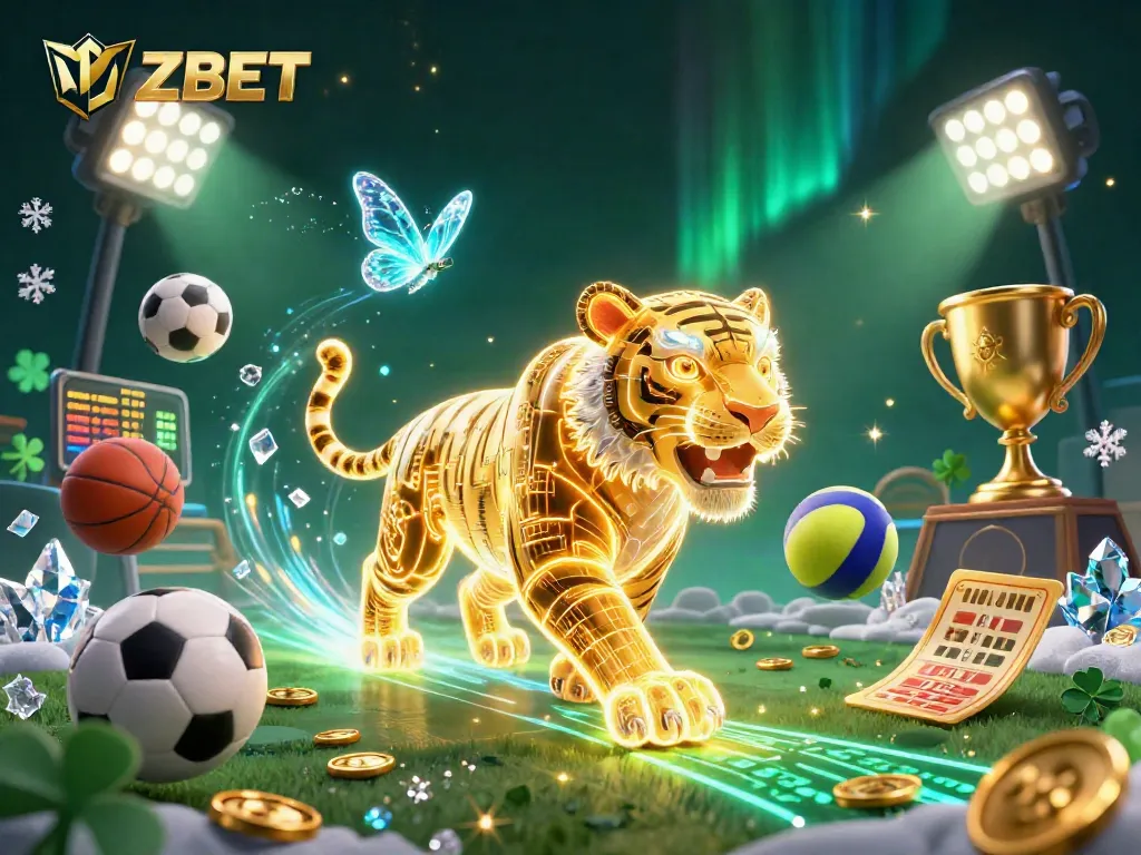 ZBET illuminates the digital casino landscape with a golden tiger and vibrant sports betting elements.