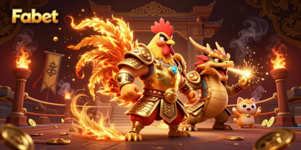 Fabet's vibrant 3D illustration showcases a samurai rooster warrior and dragon hatchling in an energetic casino scene.