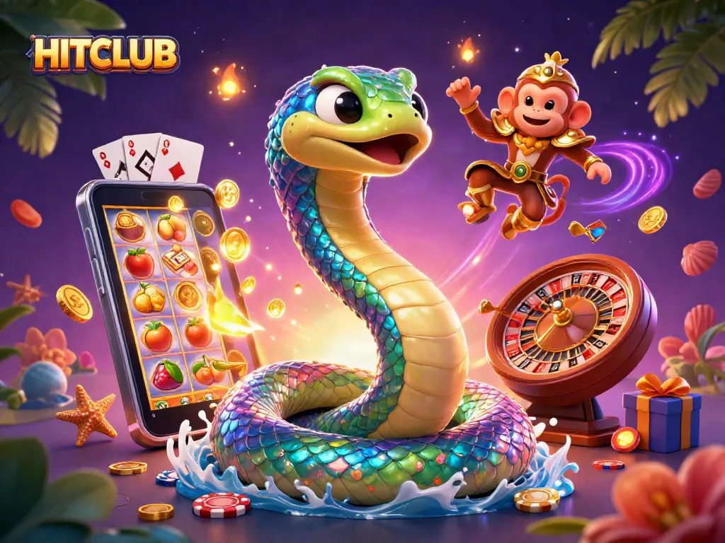 Engage with HITCLUB's vibrant gameplay featuring a dynamic illustration of a 3D rainbow serpent and playful monkey king.