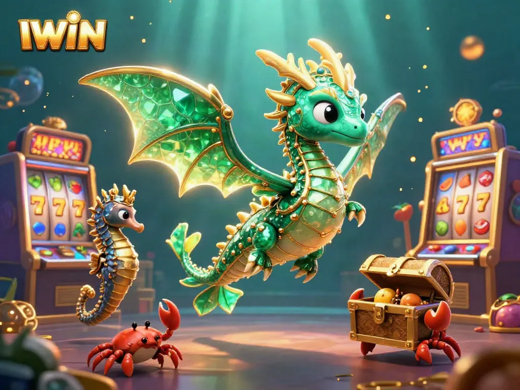 IWIN players enjoy vibrant slot action with a sea dragon and treasure chest in 3D art
