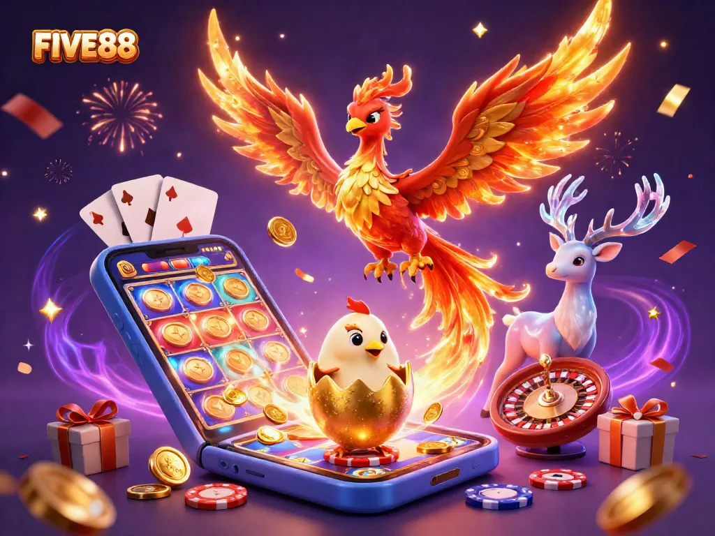 Experience thrilling gaming adventures at FIVE88 with vibrant slot games and dynamic casino elements.
