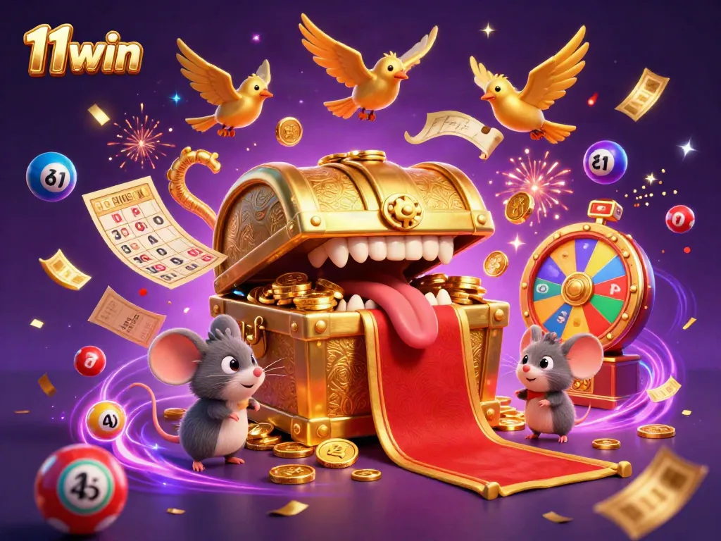 Bet big at 11win with vibrant lottery balls and a gold treasure chest inviting adventures!