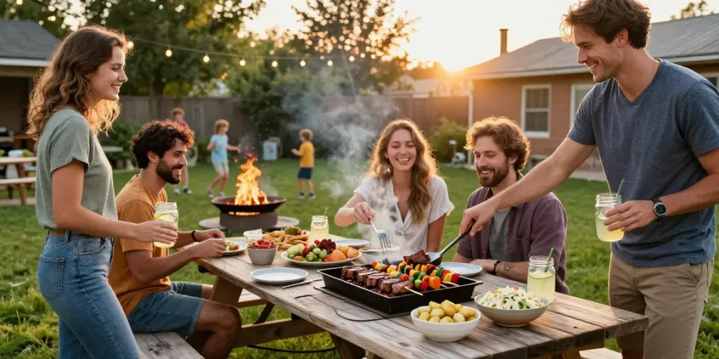 Outdoor barbecue in Alberta with friends grilling steaks and veggies, celebrating summer.