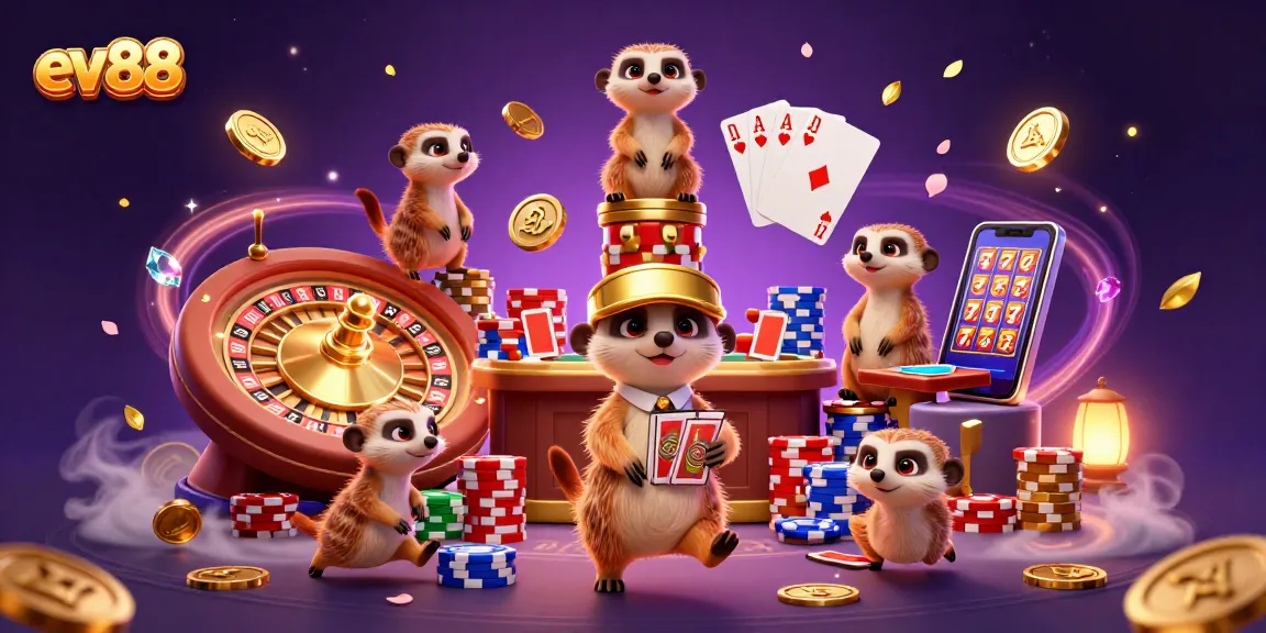 Experience the thrill of ev88 with a cheerful meerkat casino operation, showcasing cards and chips.