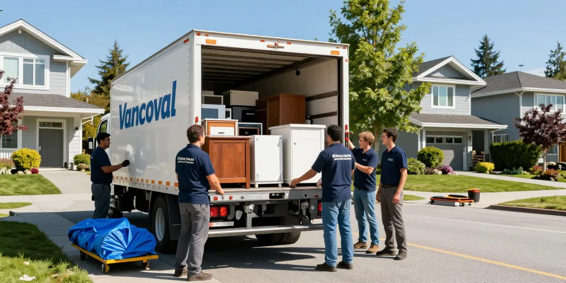 Junk Removal Vancouver team efficiently loading a truck with furniture and appliances in a sunny suburban neighborhood.