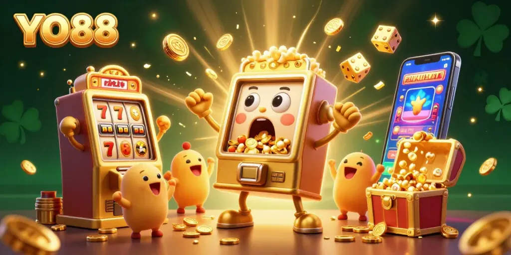 YO88 slot machine hits the jackpot, coins overflowing with cheers from baby machines.