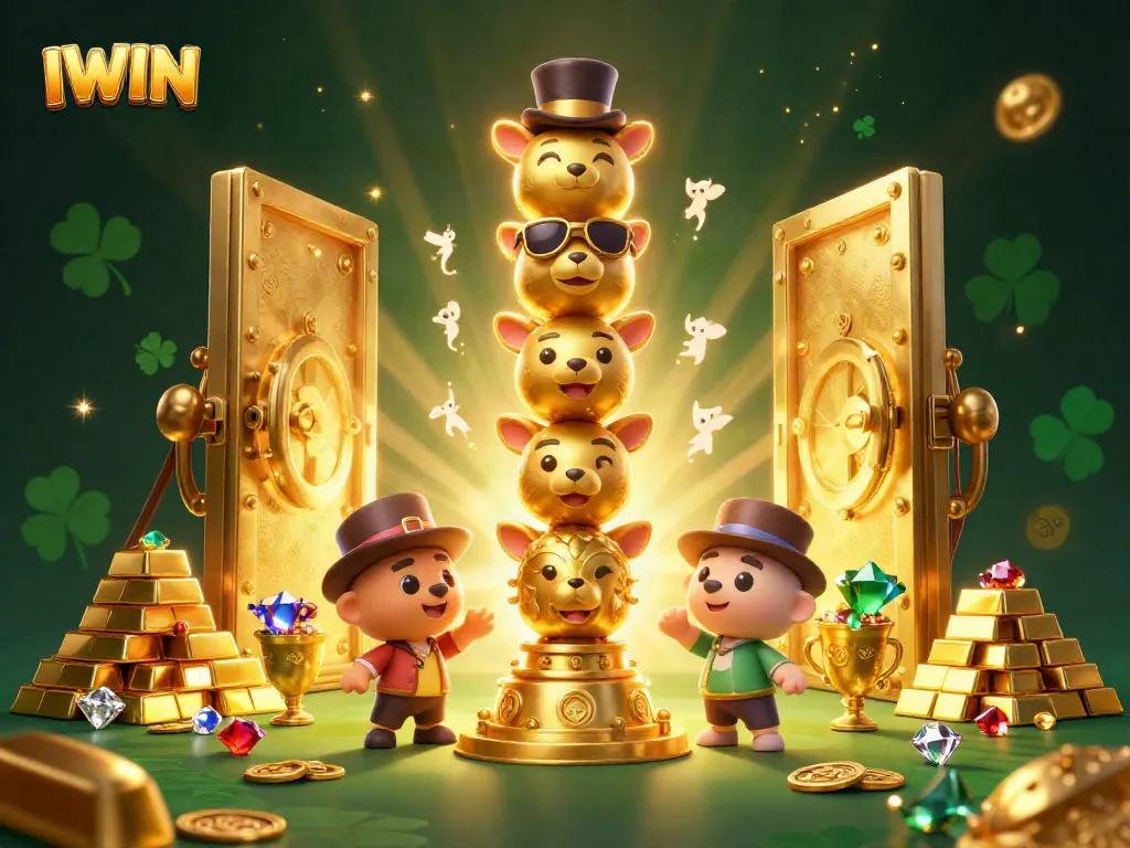 Engage with IWIN casino excitement, featuring dynamic golden totem and treasure elements in 3D illustration.