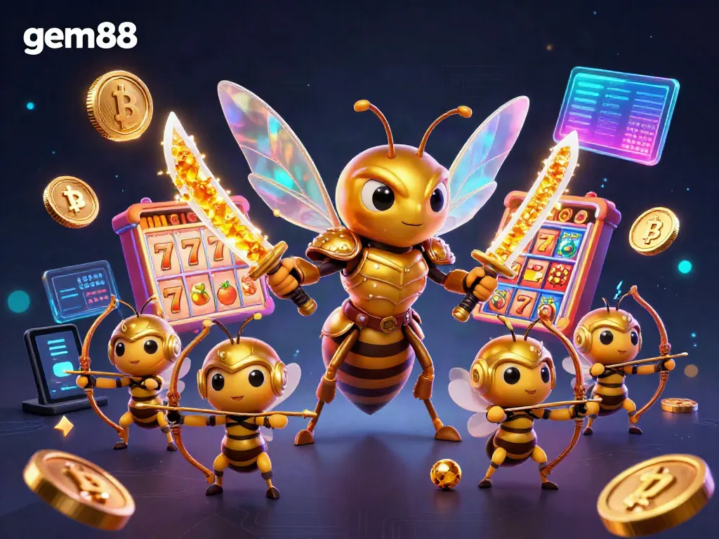Engage in thrilling games with gem88 as a giant golden hornet and bee archers showcase their skills in a vibrant casino scene.