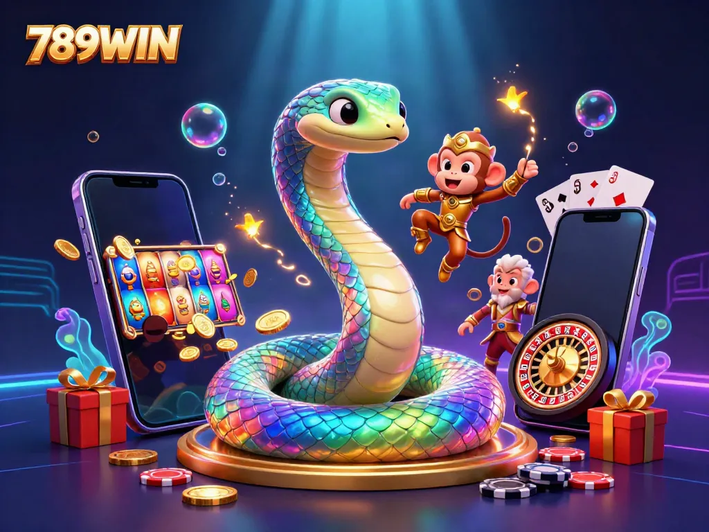 Experience the thrilling excitement of 789WIN casino with a vibrant, dynamic scene of games and characters.