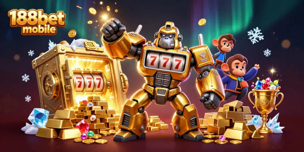 Experience 188bet mobile with a thrilling 3D golden gorilla mech and dynamic casino elements.