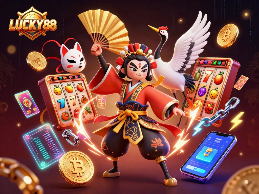 Spin the reels with LUCKY88 in this vibrant, dynamic casino-themed illustration.