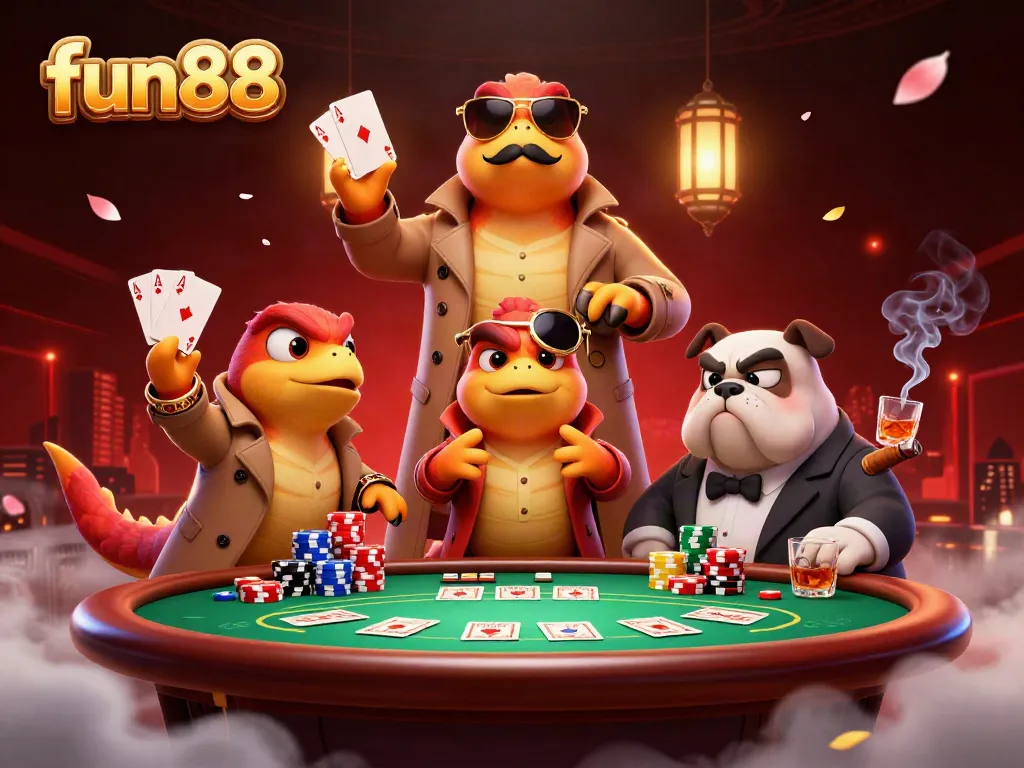 Experience fun88 in a vibrant 3D casino setting with cartoon raptors blending humor and excitement.