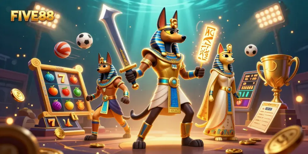 Experience thrilling jackpots and sports excitement at FIVE88 casino with ancient characters amidst vibrant graphics.