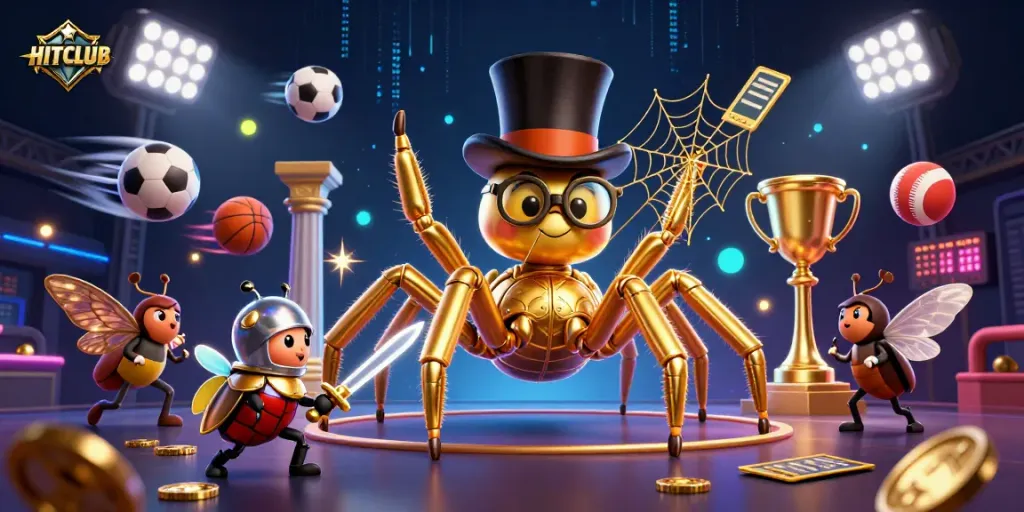 HITCLUB features an adventurous beetle knight and a golden tarantula amidst exciting casino dynamics.