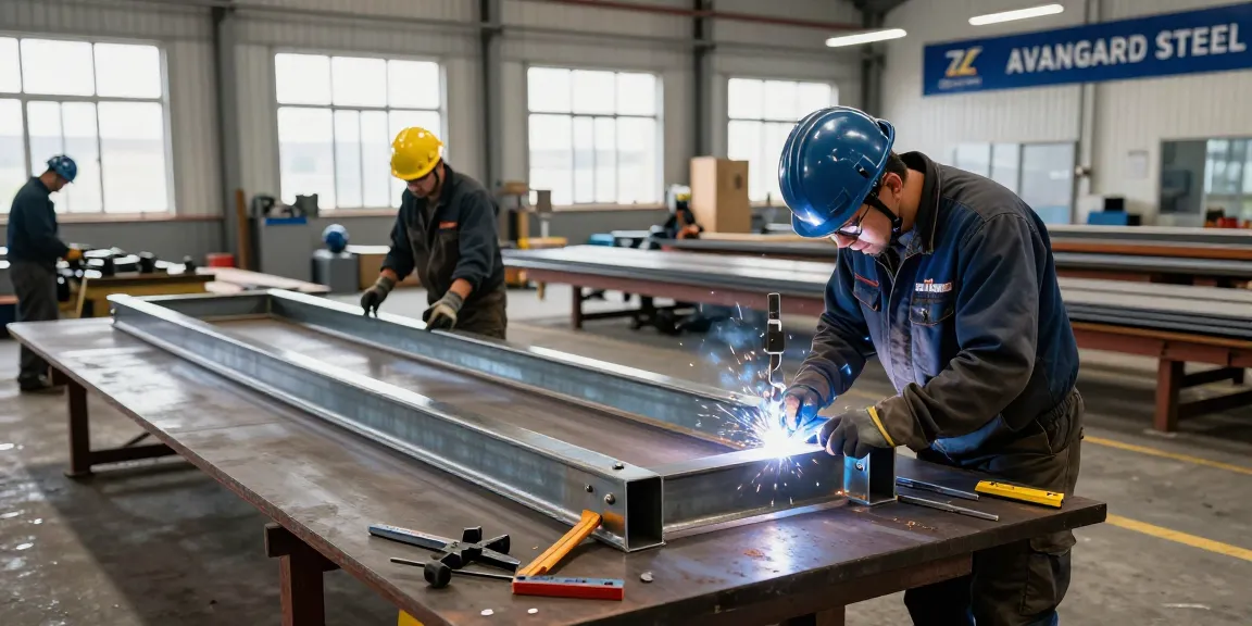 Custom steel structure fabrication at a commercial steel company, showcasing skilled workers and precision tools in a vibrant workshop.