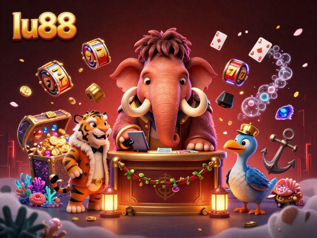 lu88 casino bouncer checks IDs at a vibrant 3D gaming scene with slot reels and gold coins exploding