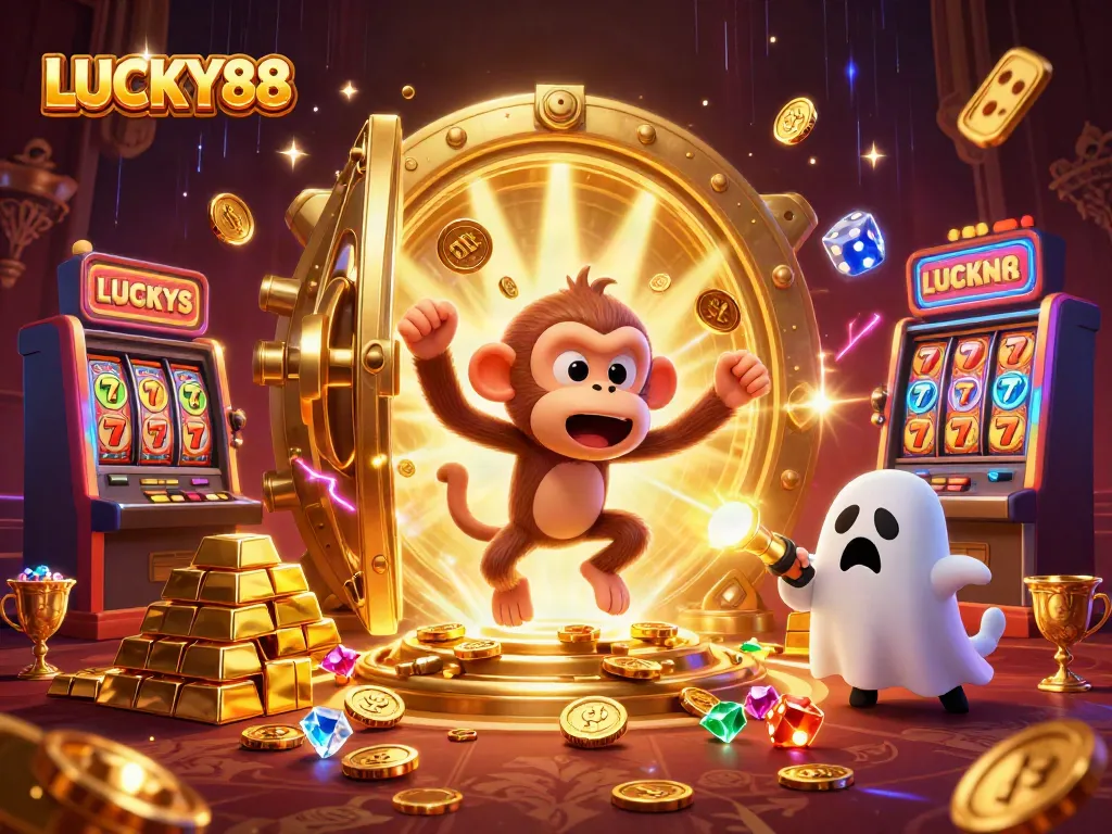 LUCKY88 features a playful poltergeist monkey and ghost-hunter puppy in a haunted casino scene.
