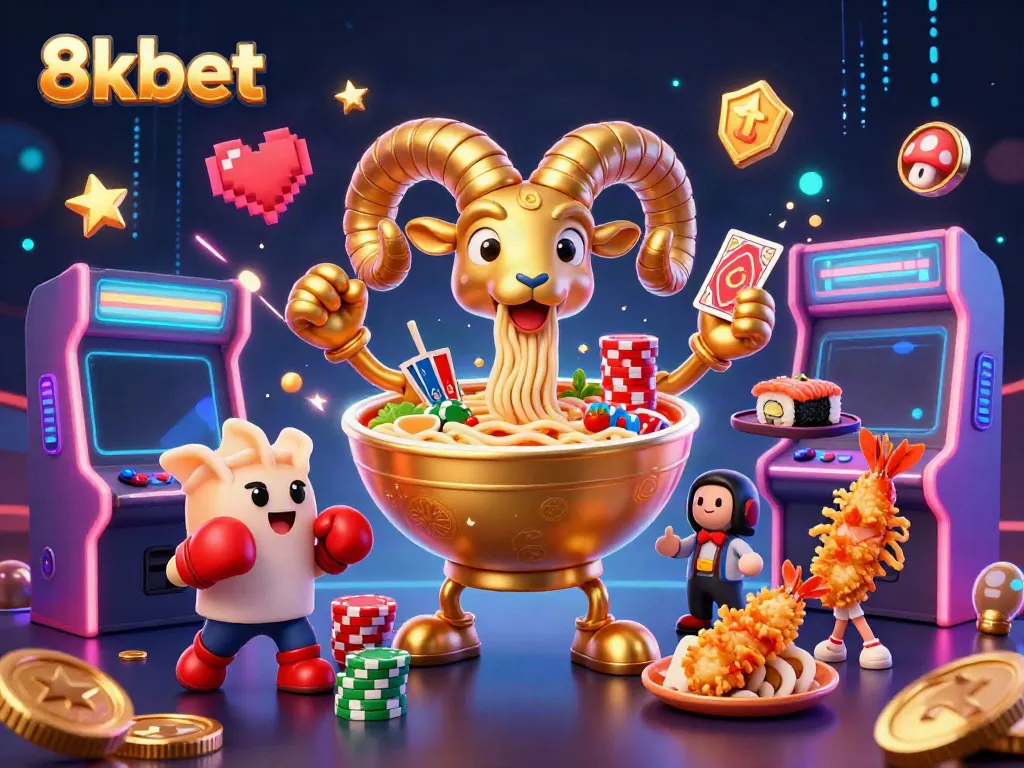Engage in thrilling games at 8xbet with vibrant casino characters and colorful arcade machines.