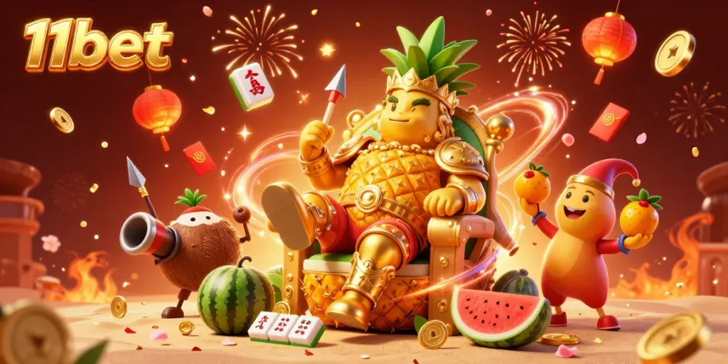 Experience the vibrant casino atmosphere featuring the 11bet golden pineapple king amidst jubilant celebrations and iconic gaming symbols.
