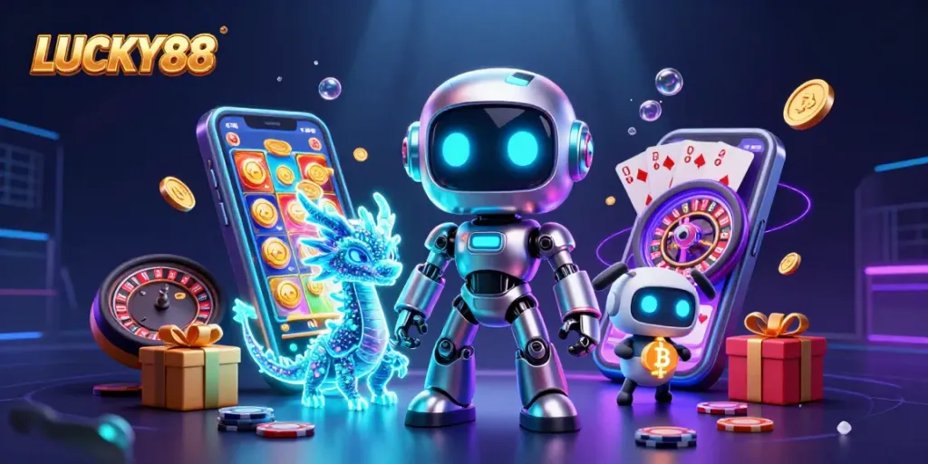 Spin the reels and win big with LUCKY88 slot in this stunning 3D illustration featuring vibrant casino elements.