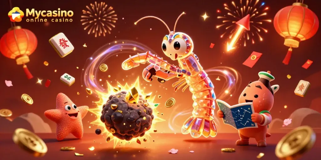 Experience the excitement of Mycasino online casino with gaming elements and a vibrant 3D scene.