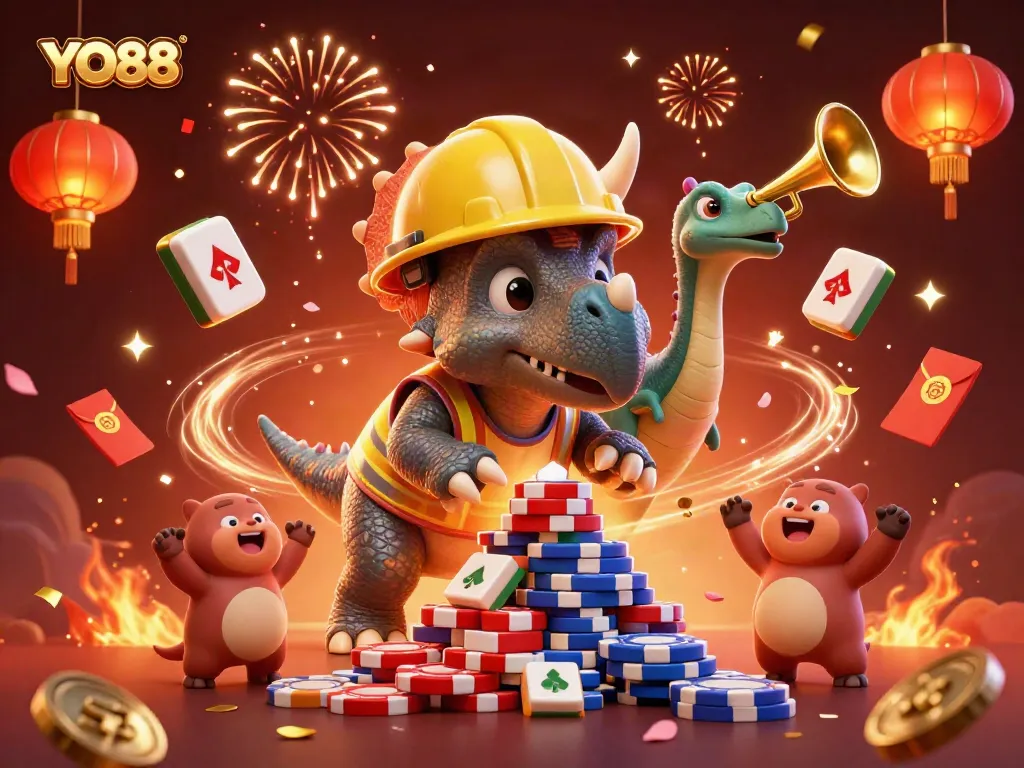 Build excitement at YO88 with an energetic 3D celebration scene of animated dinosaurs and poker chips.