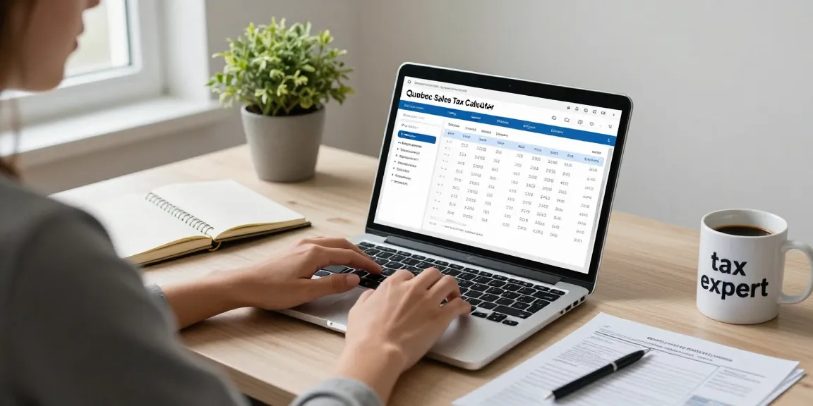 Person using a quebec sales tax calculator 2026 in a modern office setting with tax documents and a laptop.