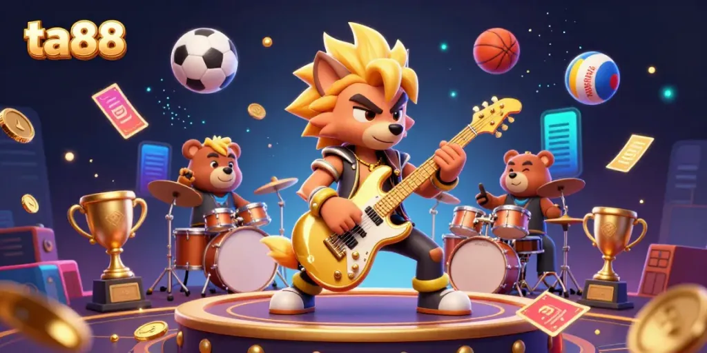 Experience the thrill with ta88 as the vibrant wolf rock star shreds guitar under dazzling casino lights.