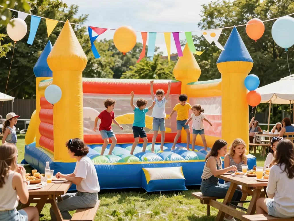 Children having fun in an inflatable castle during a summer party.