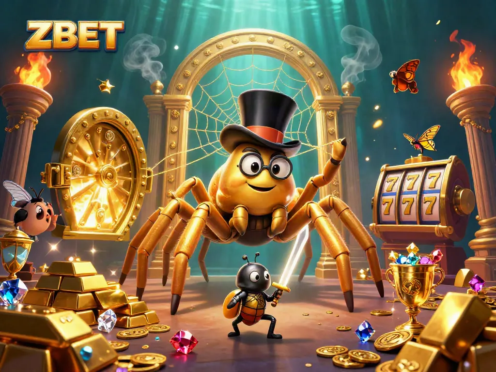 ZBET players engaging with a vibrant casino scene featuring animated characters amidst gold and treasures