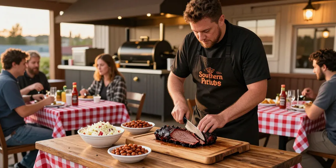 Tender barbecue Alberta brisket sliced with colorful sides in a warm BBQ restaurant.