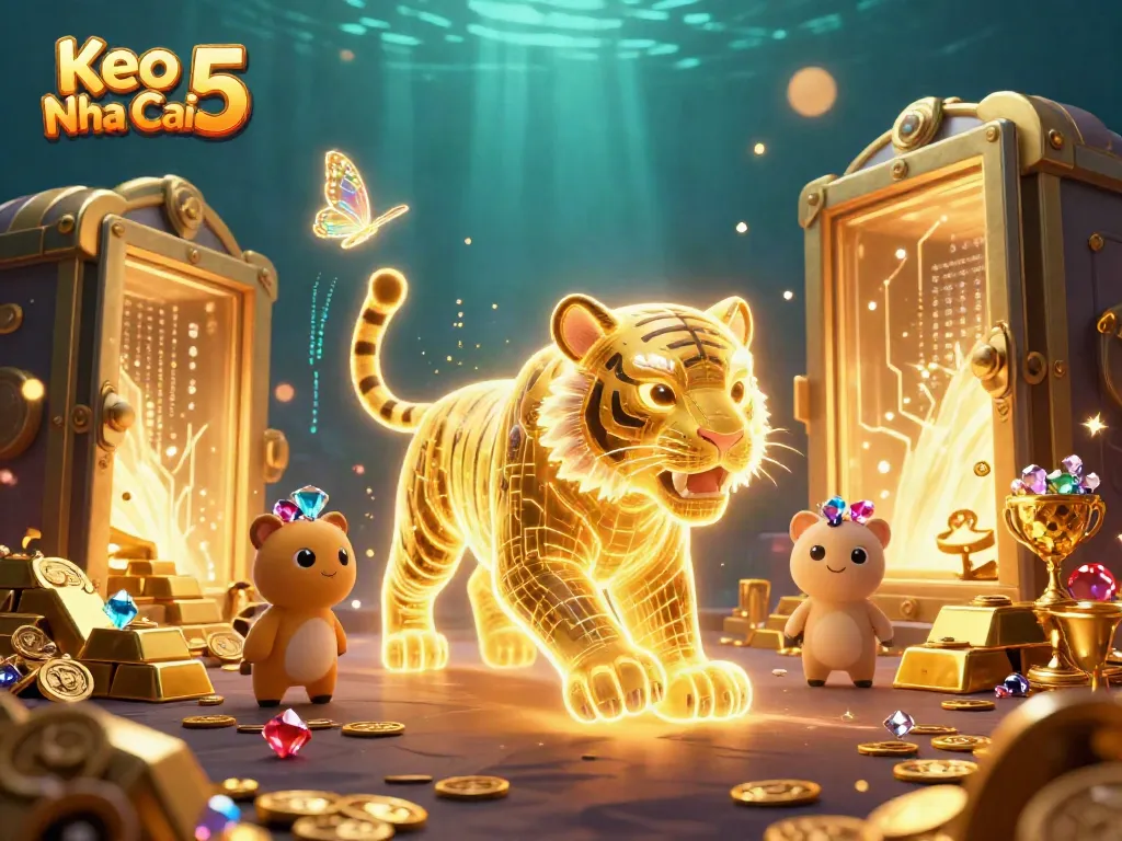 Engage with Keo Nha Cai 5 in this vibrant digital casino, featuring a neon tiger and sparkling treasures.
