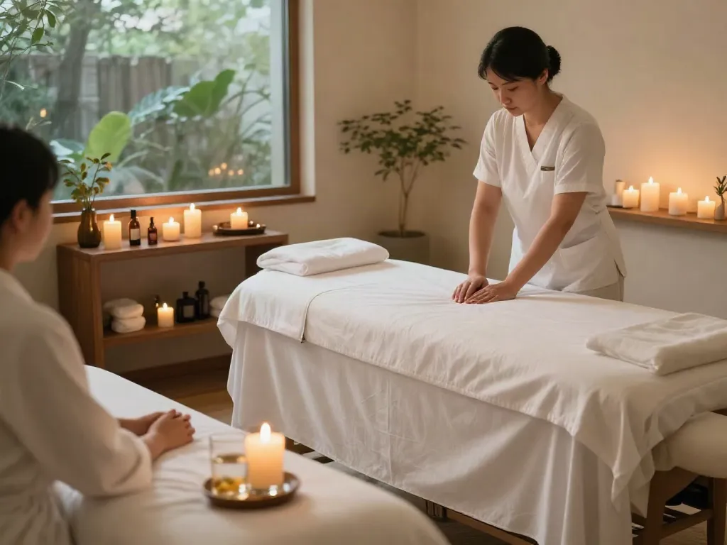 서울출장안마 at a luxury hotel spa with a serene atmosphere and professional setup.