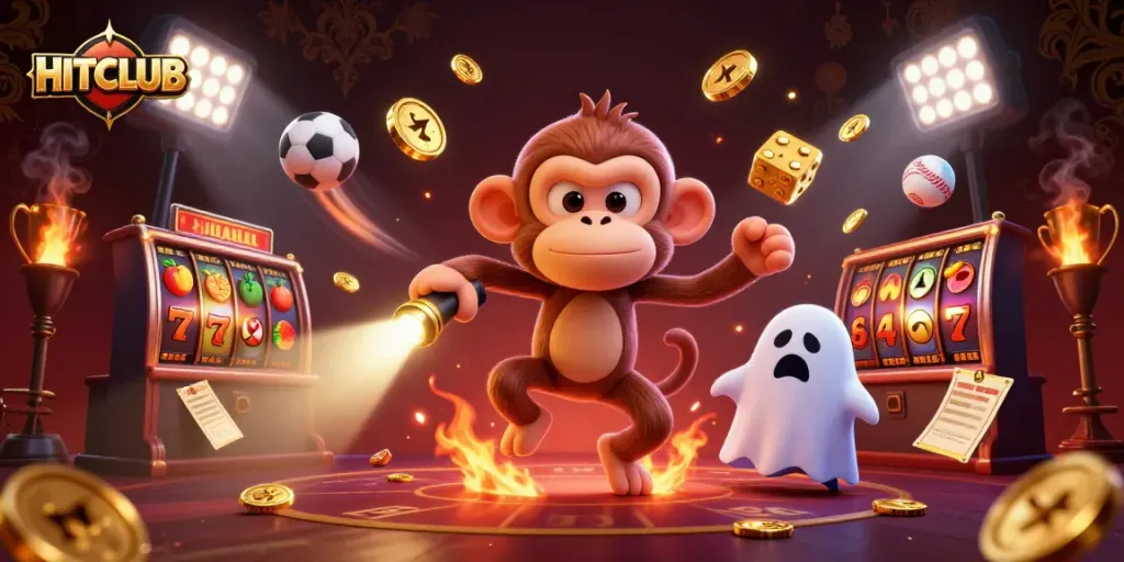 Engage with the HITCLUB's lively casino scene featuring a poltergeist monkey and golden gaming elements.