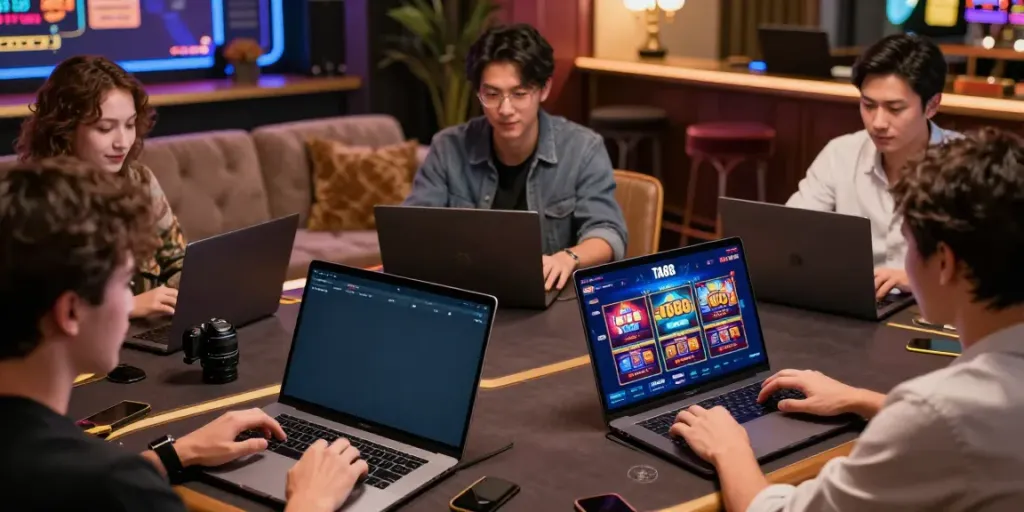 Engaging scene on https://ta88.network/ with users enjoying online gambling activities on modern devices