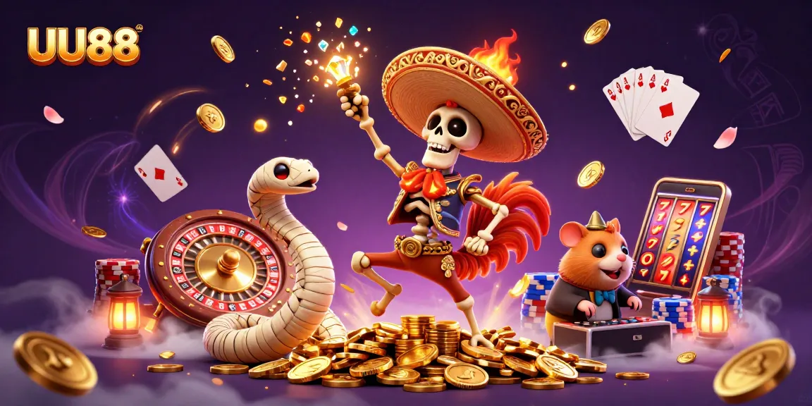 UU88 gaming excitement with a skeleton mariachi rooster, mummy snake, and zombie hamster DJ amid vibrant casino elements.