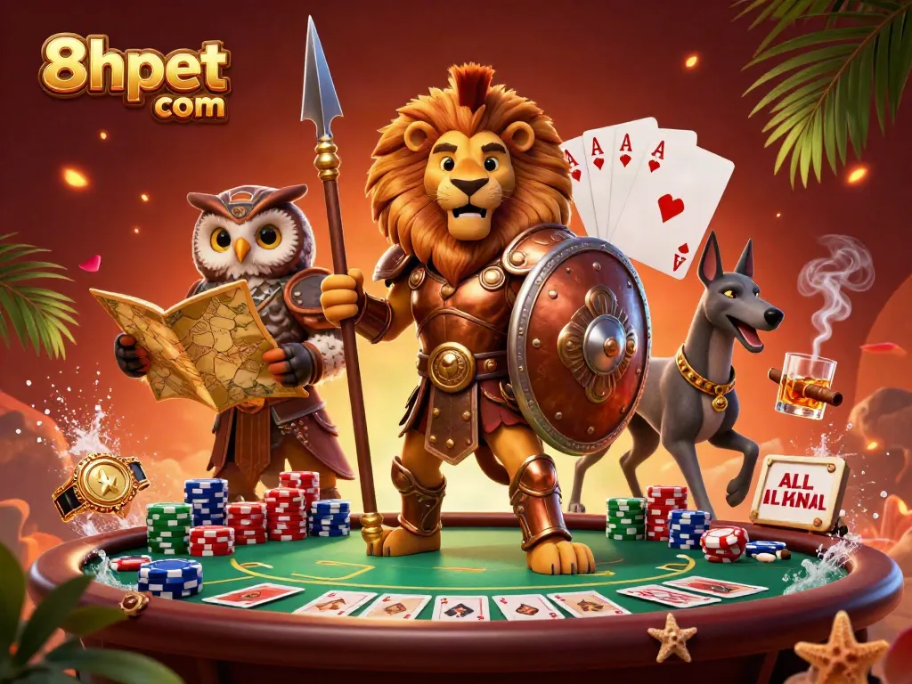 Engage with 8xbet com through vibrant casino action featuring a Spartan lion and a poker scene.