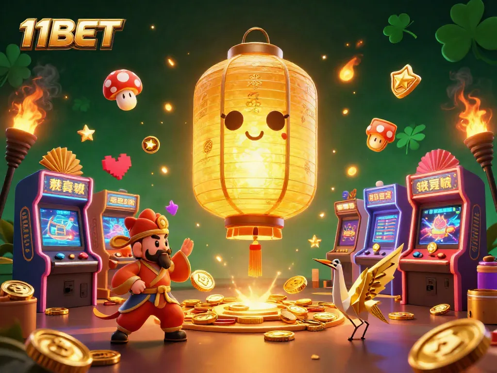 Win big with 11BET in a vibrant casino scene featuring golden characters and gaming elements.