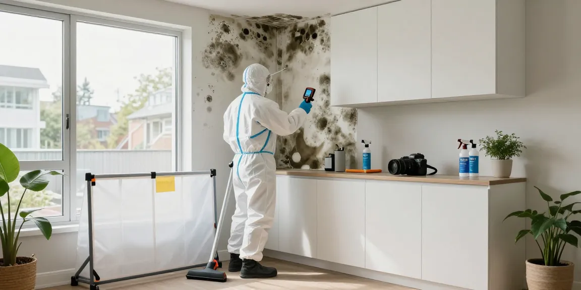Mold Remediation Vancouver: Certified technician inspecting mold behind cabinetry with HEPA filtration tools.