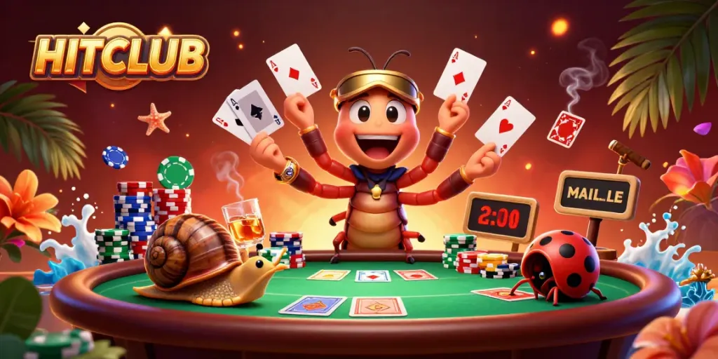 HITCLUB showcases a vibrant casino scene with unique characters gambling excitingly.