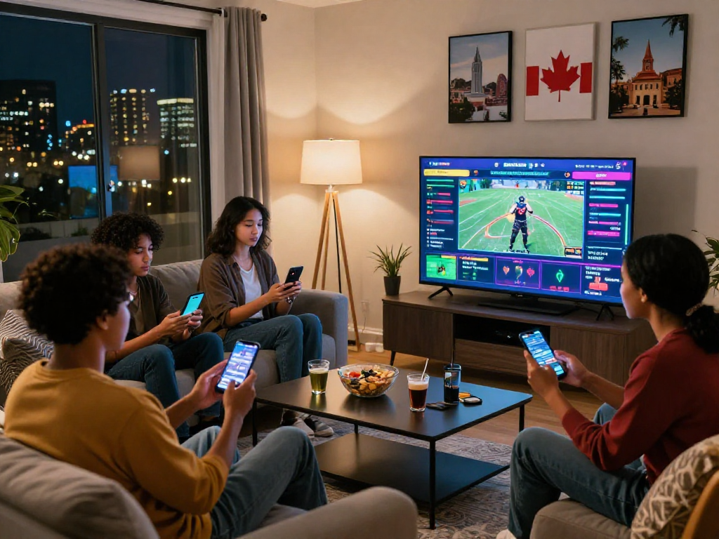 Dynamic online gambling scene with friends enjoying gambleonline in a cozy living room setting.