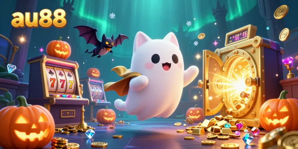 Experience immersive gaming with au88 as a ghost cat and bat explore a haunted casino filled with treasures.
